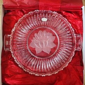 Randalls Lead Crystal Glass Cake Serving Plate Lotus 12” w/Sticker Germany NIB
